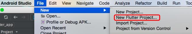 第一步：如果已经打开项目，则通过 File->New->New Flutter Project... 创建