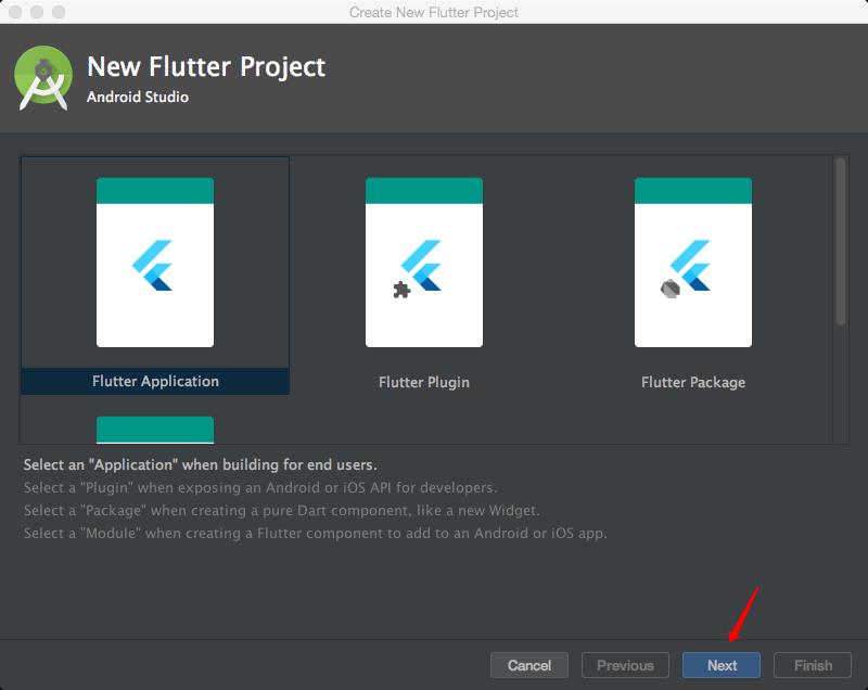 第二步：默认选择 Flutter Application 即可，点击 Next