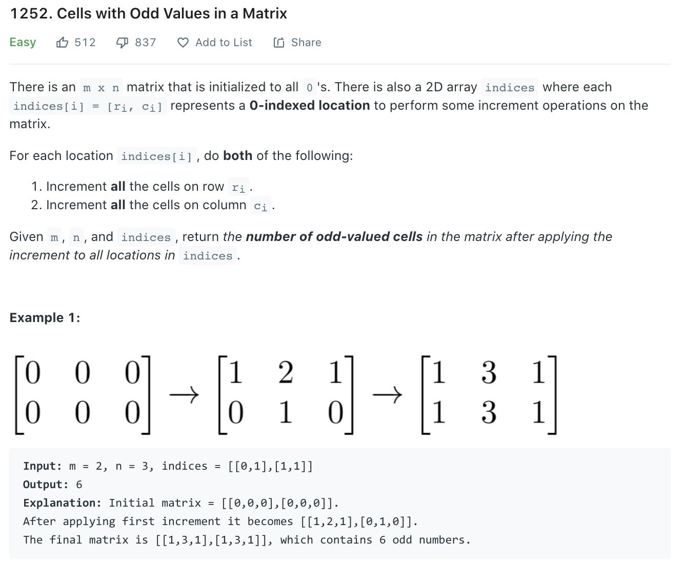 Cells with Odd Values in a Matrix