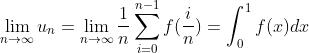 \\lim_{n\\rightarrow \\infty }u_{n} = \\lim_{n\\rightarrow \\infty}\\frac{1}{n}\\sum_{i=0}^{n-1}f(\\frac{i}{n}) = \\int_{0}^{1}f(x)dx