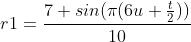 r1=\\frac{7+sin(\\pi (6u+\\frac{t}{2}))}{10}