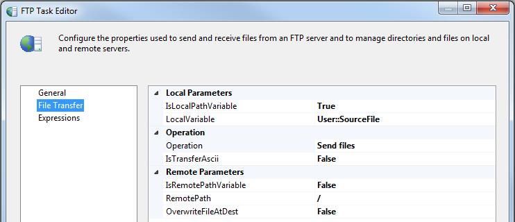 SSIS FTP Task Editor File Transfer Settings