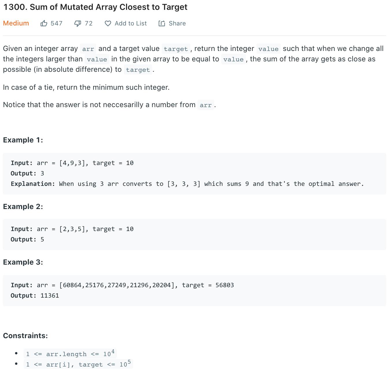 Sum of Mutated Array Closest to Target