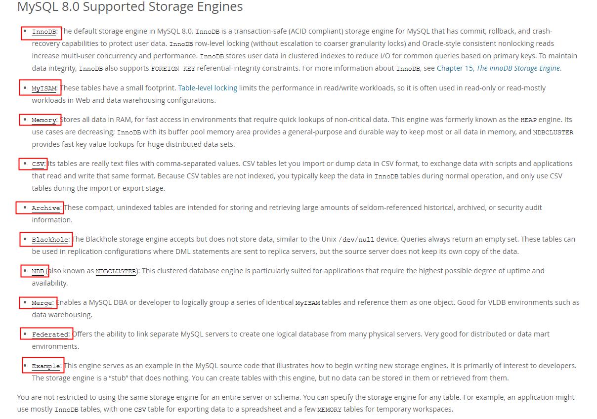 mysql8.0支持的存储引擎类型
