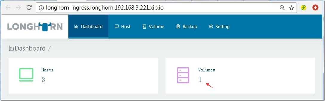 图16-LonghornUI中能看到有3台主机和刚刚创建的1个卷