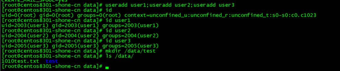 创建用户user1、user2、user3。在/data/下创建目录test_创建文件