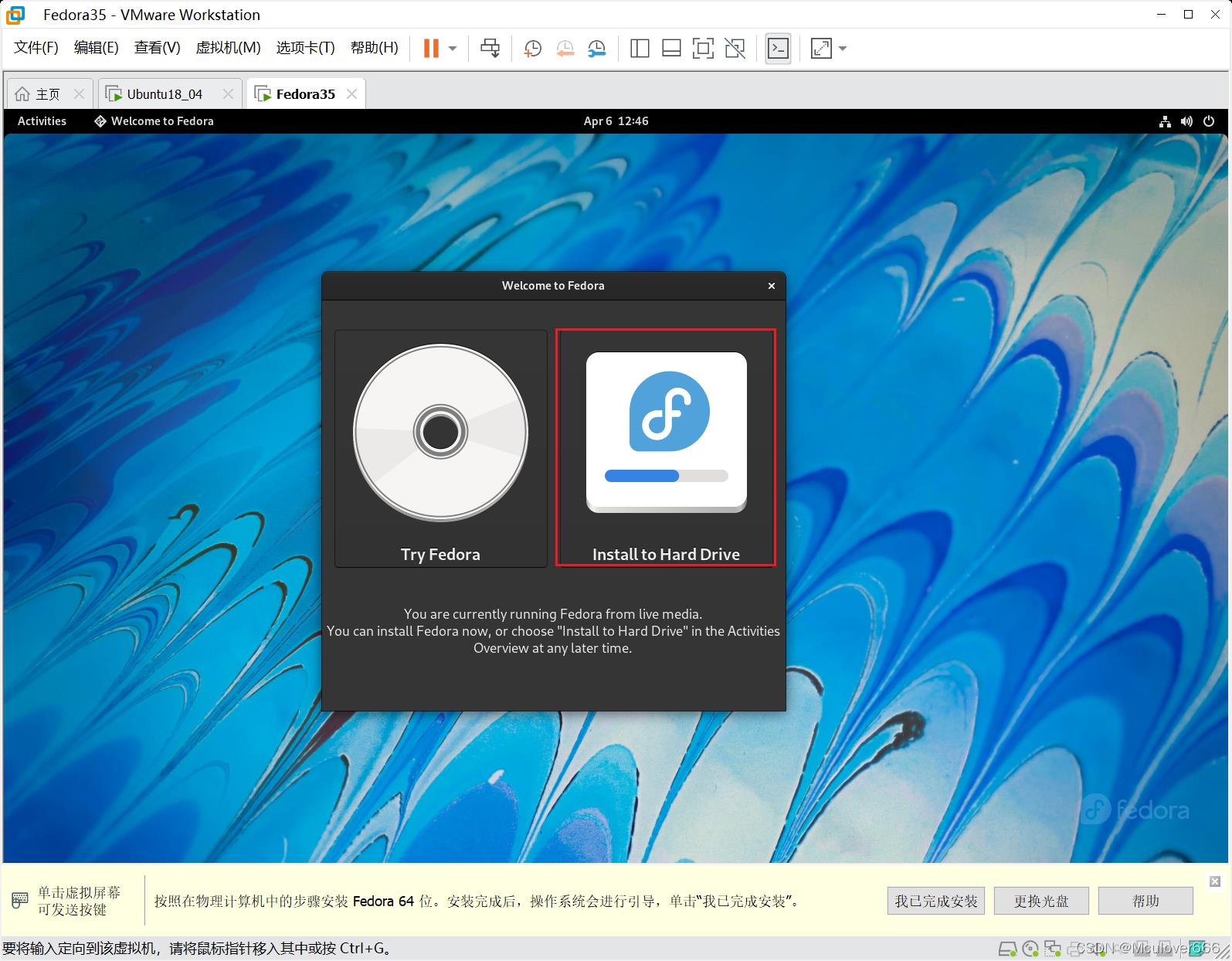 VMware安装Fedora