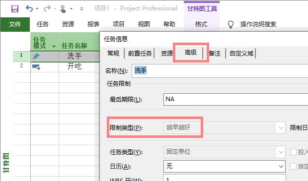 任务信息的高级选项（Project）_选项卡